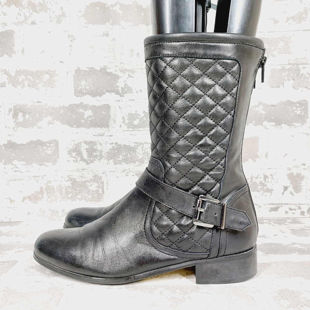NEW Chico's Ramone Black Leather Buckle Detail Quilted Ankle Boots F218